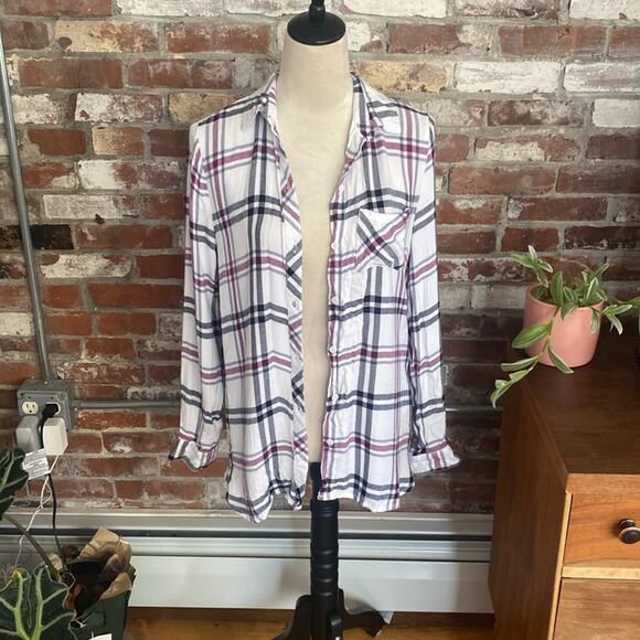 beachlunchlounge Tops - Beach Lunch Lounge White Purple and Blue Plaid Button Down Shirt Size XS